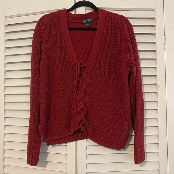 Forever 21 Plus Lace Up Red V Neck Holiday Slouchy Sweater 2XL - Picture 1 of 8